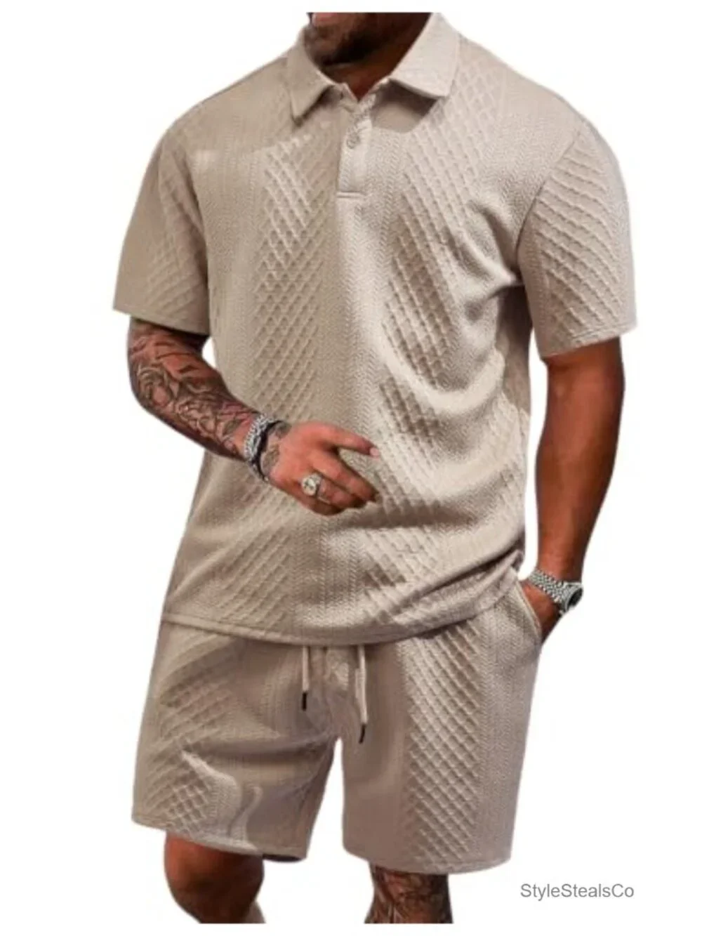 Men's 2-Piece Waffle Knit Polo & Shorts Set, Oversized Athletic Track Suit